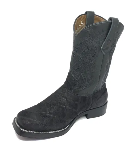 Bota Texana Reizinho Premium de Couro Legítimo de Elefante Preto LIMITED EDITION - Cano Médio, Bico Quadrado - Solado X-Flex Artesanal