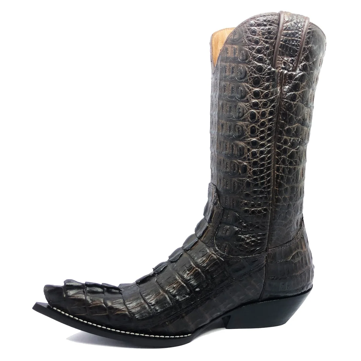 Bota Reizinho Premium Couro Jacaré Marrom Rabo Limited Edition - Cano Alto, Bico Fino, Solado De Couro Artesanal