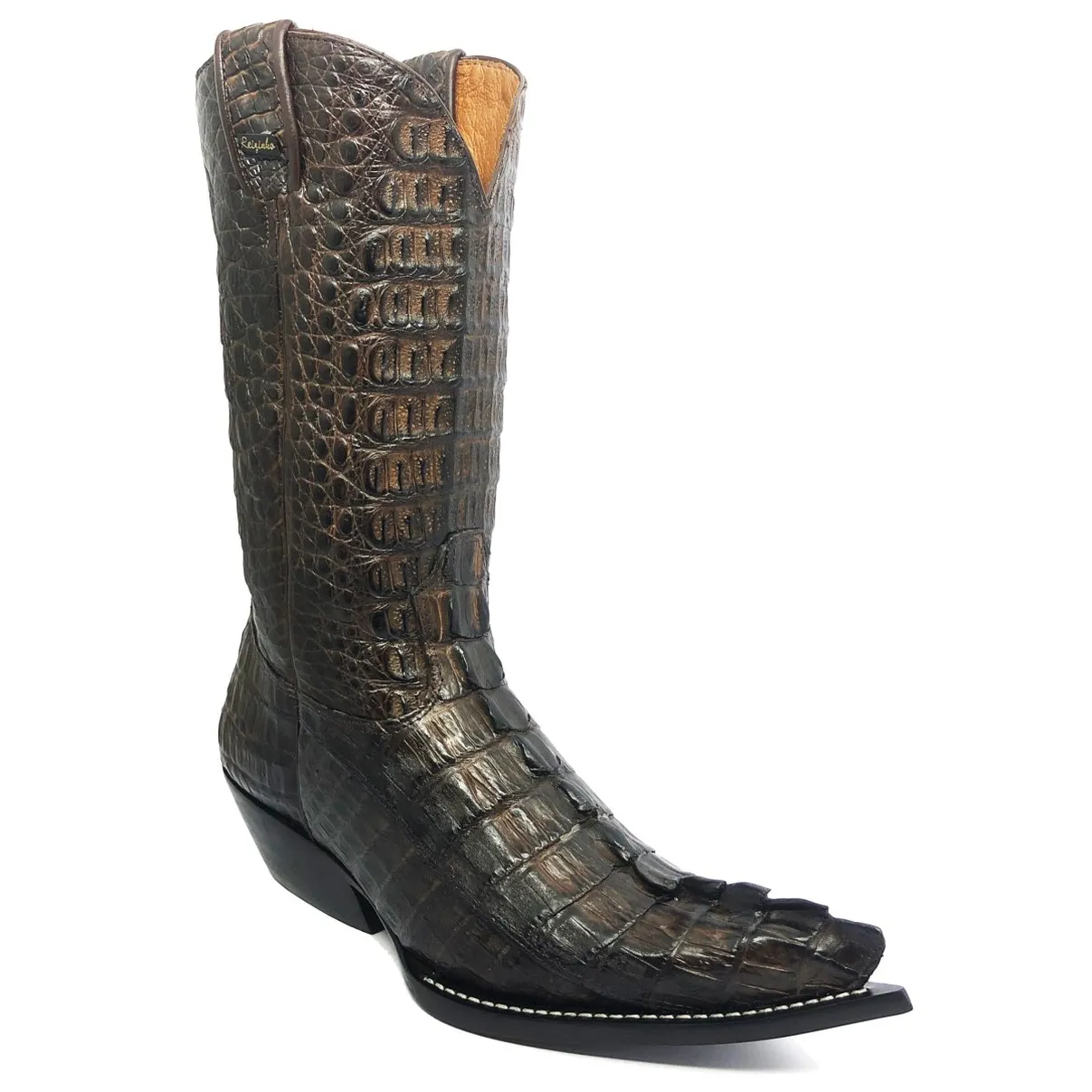 Bota Reizinho Premium Couro Jacaré Marrom Rabo Limited Edition - Cano Alto, Bico Fino, Solado De Couro Artesanal