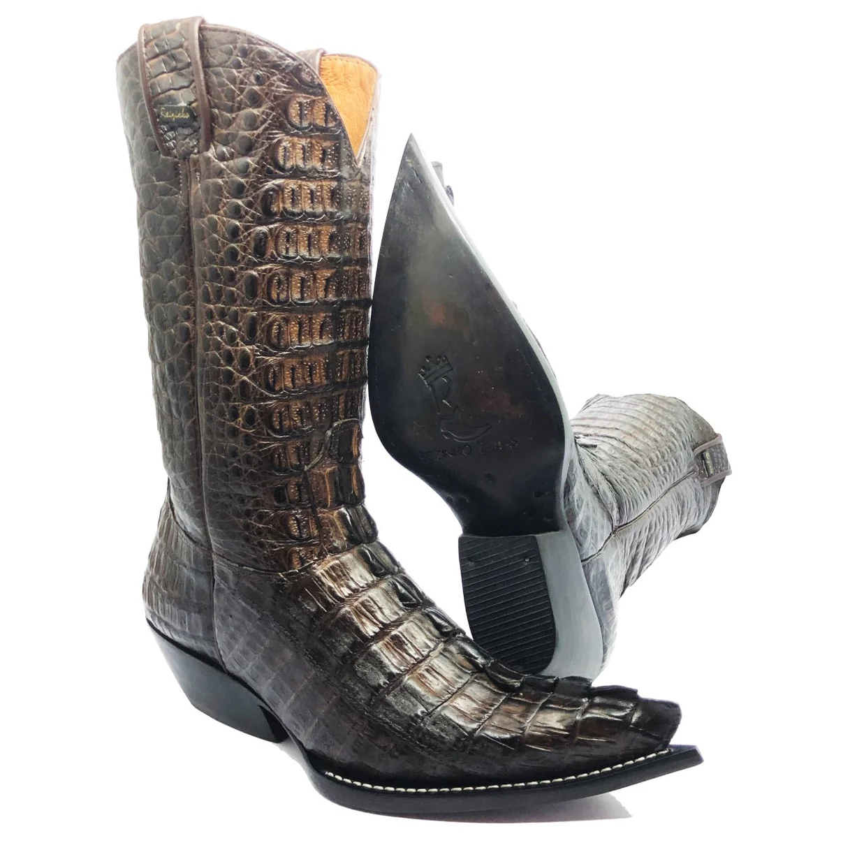 Bota Reizinho Premium Couro Jacaré Marrom Rabo Limited Edition - Cano Alto, Bico Fino, Solado De Couro Artesanal