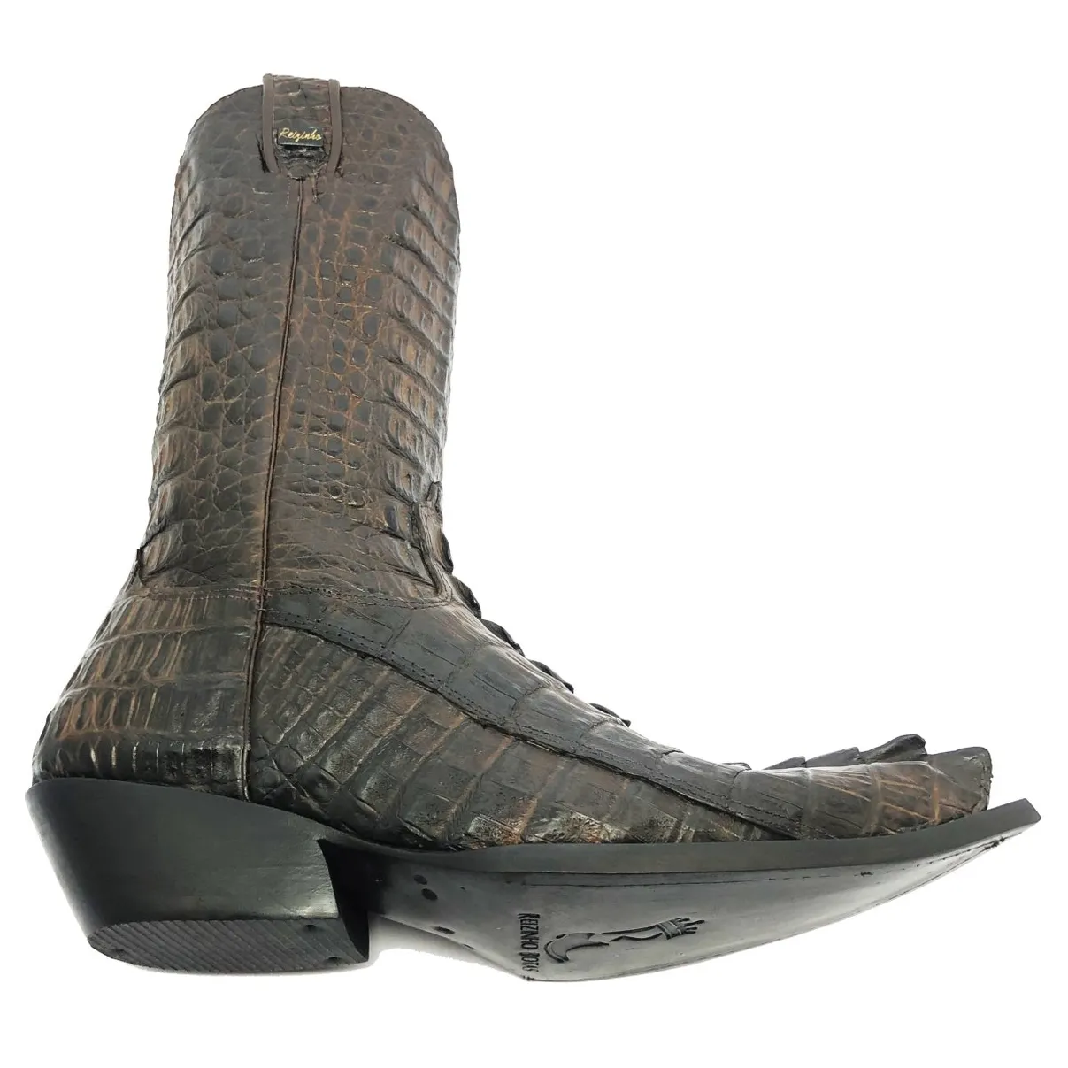 Bota Reizinho Premium Couro Jacaré Marrom Rabo Limited Edition - Cano Alto, Bico Fino, Solado De Couro Artesanal