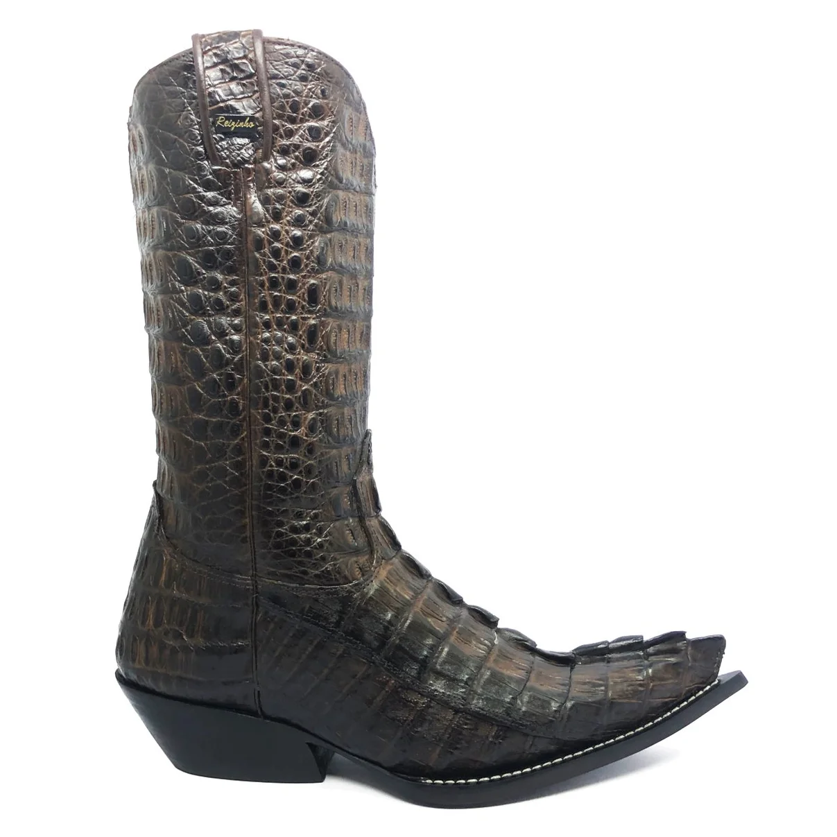Bota Reizinho Premium Couro Jacaré Marrom Rabo Limited Edition - Cano Alto, Bico Fino, Solado De Couro Artesanal