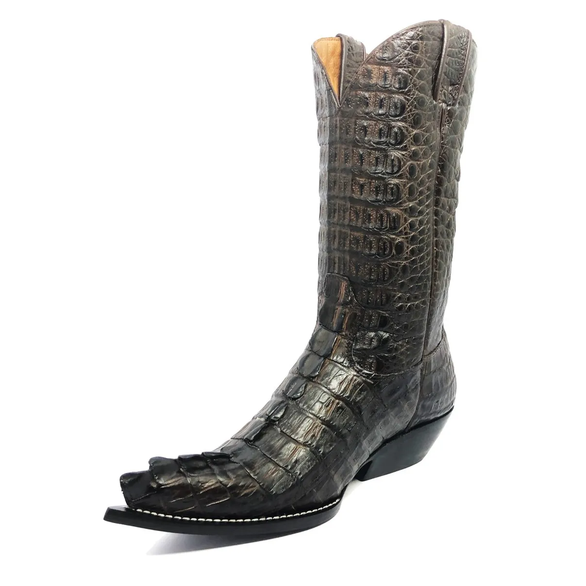 Bota Reizinho Premium Couro Jacaré Marrom Rabo Limited Edition - Cano Alto, Bico Fino, Solado De Couro Artesanal