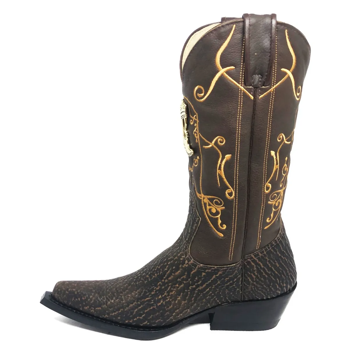 Bota Texana Reizinho Premium de Couro Legítimo de Tubarão Brown Matte LIMITED EDITION - Cano Alto, Bico Fino - Solado de Couro Artesanal
