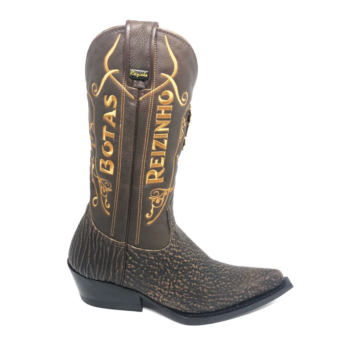 Bota Texana Reizinho Premium de Couro Legítimo de Tubarão Brown Matte LIMITED EDITION - Cano Alto, Bico Fino - Solado de Couro Artesanal