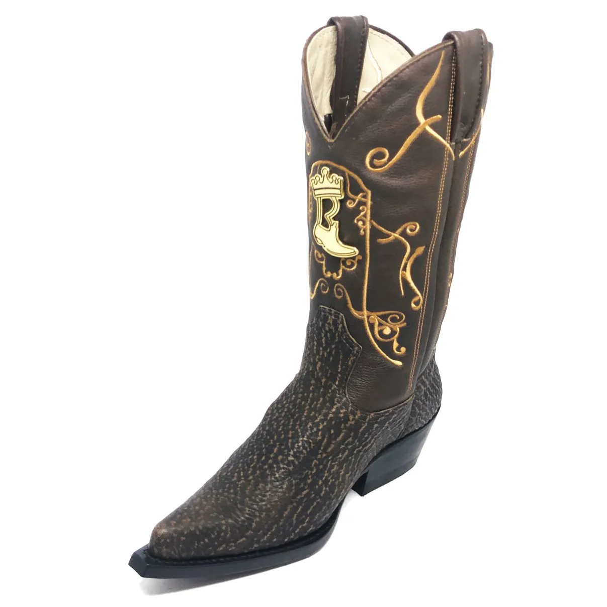 Bota Texana Reizinho Premium de Couro Legítimo de Tubarão Brown Matte LIMITED EDITION - Cano Alto, Bico Fino - Solado de Couro Artesanal