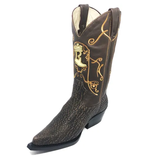 Bota Texana Reizinho Premium de Couro Legítimo de Tubarão Brown Matte LIMITED EDITION - Cano Alto, Bico Fino - Solado de Couro Artesanal