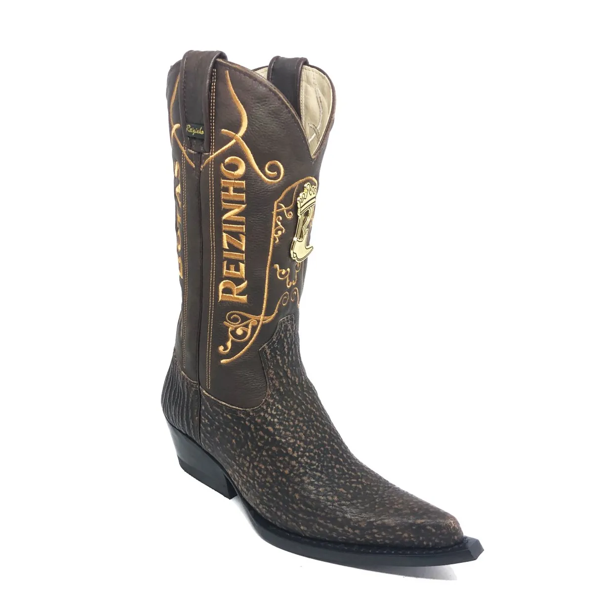 Bota Texana Reizinho Premium de Couro Legítimo de Tubarão Brown Matte LIMITED EDITION - Cano Alto, Bico Fino - Solado de Couro Artesanal