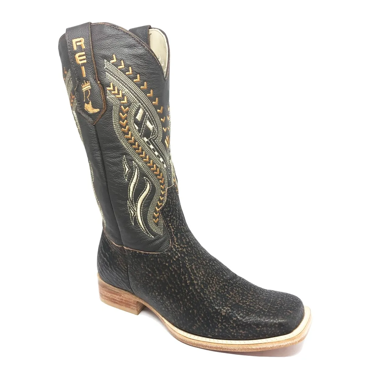 Bota Texana Reizinho Premium de Couro Legítimo de Tubarão Brown Matte LIMITED EDITION - Cano Alto, Bico Quadrado - Solado de Couro Artesanal