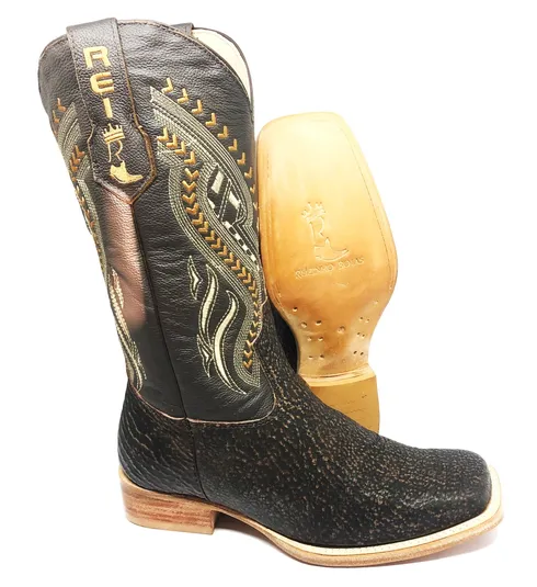 Bota Texana Reizinho Premium de Couro Legítimo de Tubarão Brown Matte LIMITED EDITION - Cano Alto, Bico Quadrado - Solado de Couro Artesanal