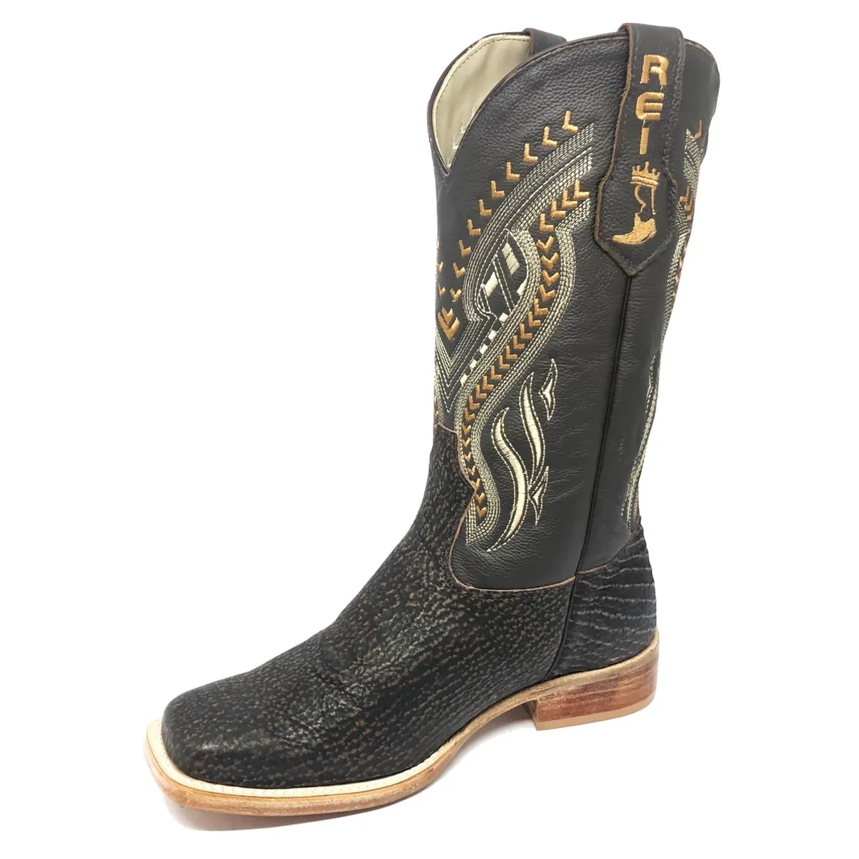 Bota Texana Reizinho Premium de Couro Legítimo de Tubarão Brown Matte LIMITED EDITION - Cano Alto, Bico Quadrado - Solado de Couro Artesanal