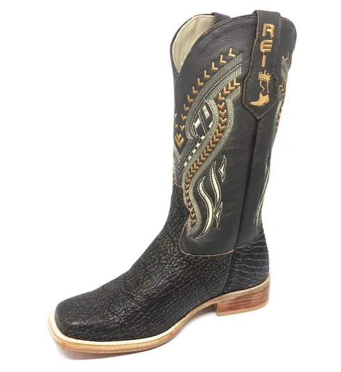 Bota Texana Reizinho Premium de Couro Legítimo de Tubarão Brown Matte LIMITED EDITION - Cano Alto, Bico Quadrado - Solado de Couro Artesanal