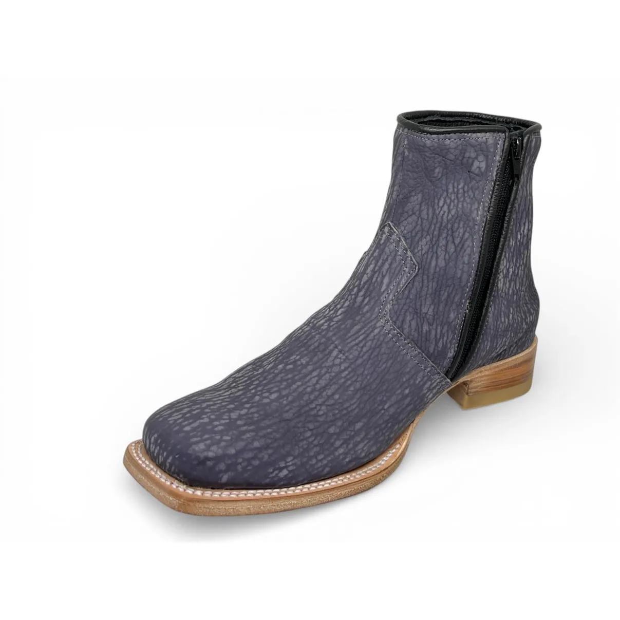 Bota Texana Reizinho Premium de Couro Legítimo de Lobo Marinho Preto Navy Blue - Cano Curto Zíper, Bico Quadrado - Solad