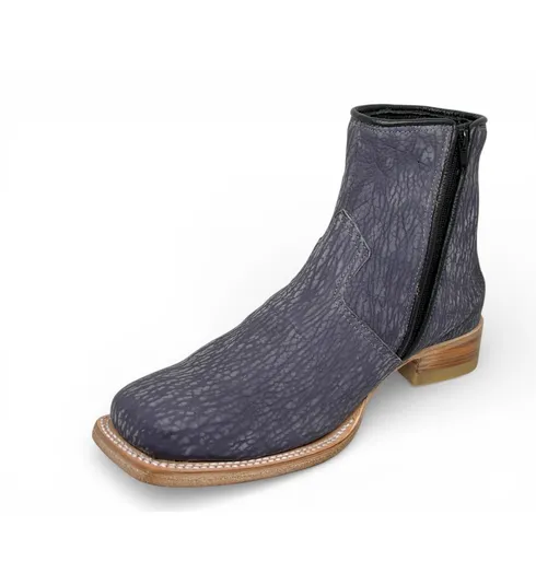 Bota Texana Reizinho Premium de Couro Legítimo de Lobo Marinho Preto Navy Blue - Cano Curto Zíper, Bico Quadrado - Solado de Couro Artesanal Injetado