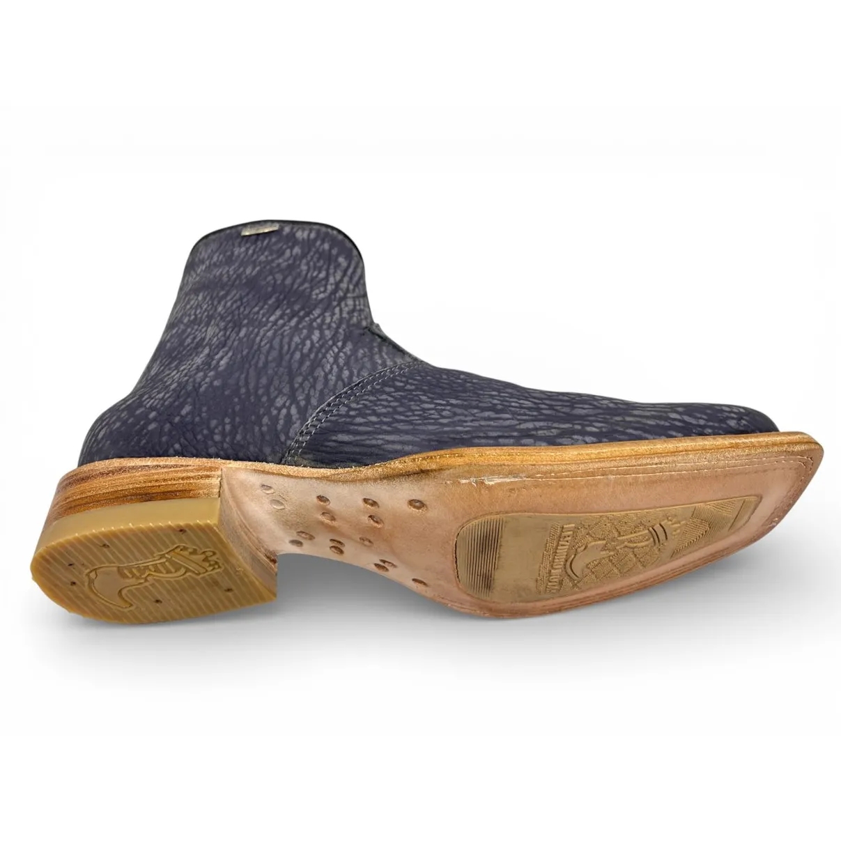 Bota Texana Reizinho Premium de Couro Legítimo de Lobo Marinho Preto Navy Blue - Cano Curto Zíper, Bico Quadrado - Solad