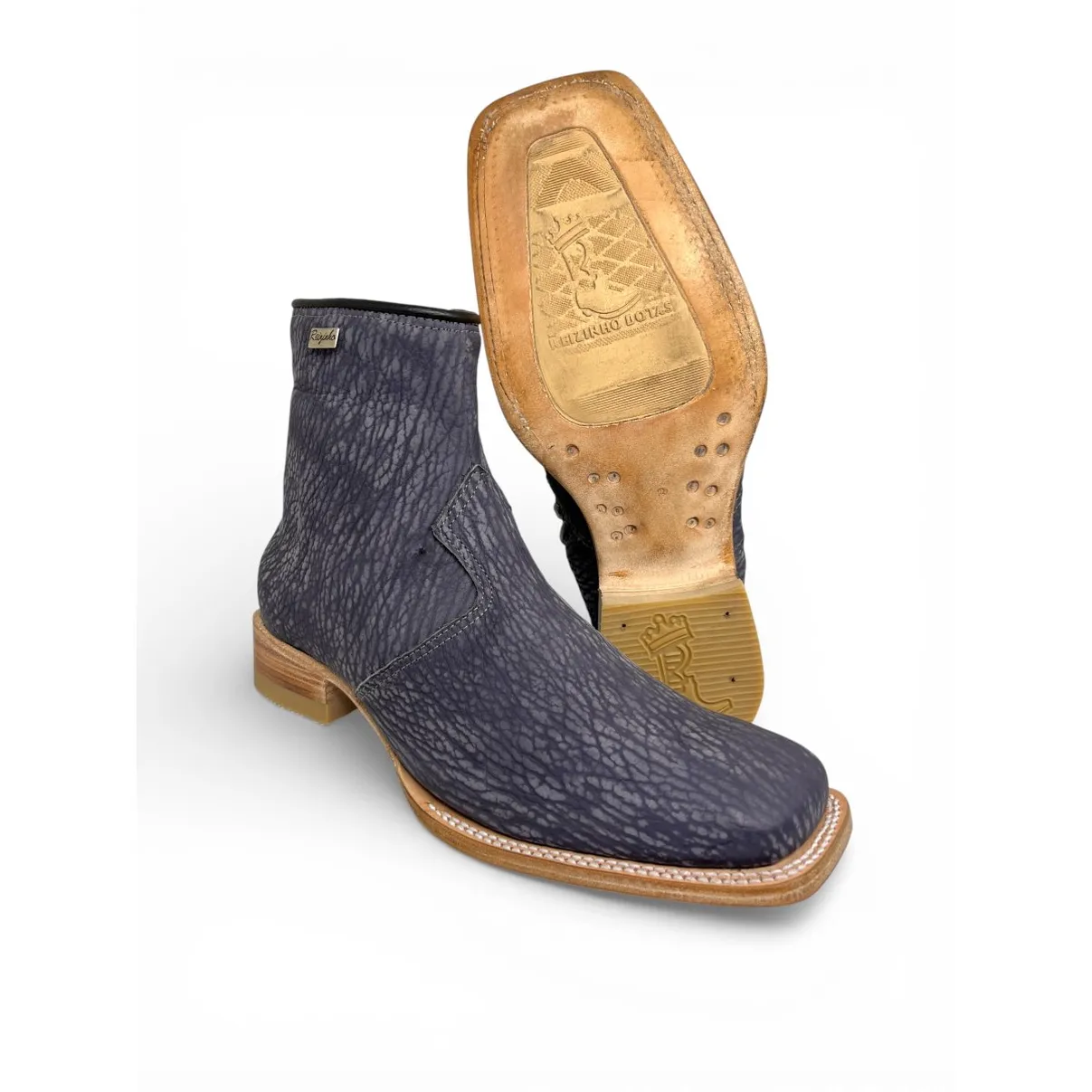 Bota Texana Reizinho Premium de Couro Legítimo de Lobo Marinho Preto Navy Blue - Cano Curto Zíper, Bico Quadrado - Solad