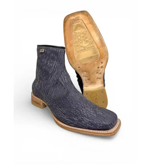 Bota Texana Reizinho Premium de Couro Legítimo de Lobo Marinho Preto Navy Blue - Cano Curto Zíper, Bico Quadrado - Solado de Couro Artesanal Injetado