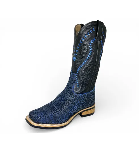 Bota Texana Reizinho Premium de Couro Legítimo de Tubarão Deep Blue - Cano Alto, Bico Quadrado - Solado X-Flex Artesanal | Reizinho Botas