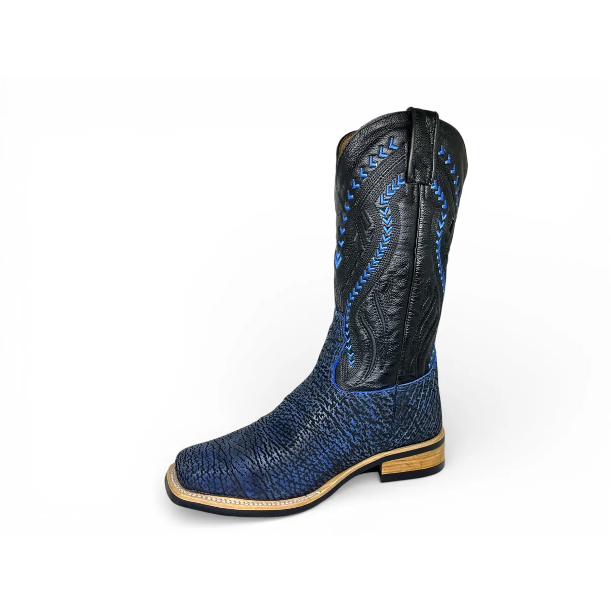 Bota Texana Reizinho Premium de Couro Legítimo de Tubarão Deep Blue - Cano Alto, Bico Quadrado - Solado X-Flex Artesanal | Reizinho Botas