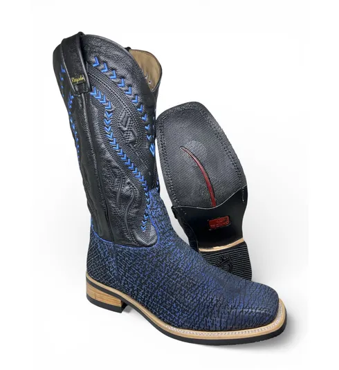 Bota Texana Reizinho Premium de Couro Legítimo de Tubarão Deep Blue - Cano Alto, Bico Quadrado - Solado X-Flex Artesanal | Reizinho Botas