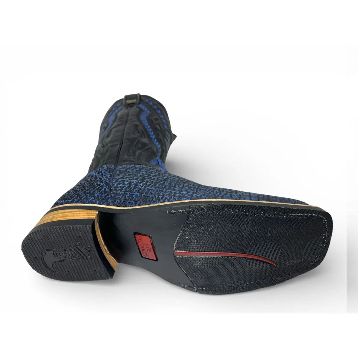 Bota Texana Reizinho Premium de Couro Legítimo de Tubarão Deep Blue - Cano Alto, Bico Quadrado - Solado X-Flex Artesanal | Reizinho Botas