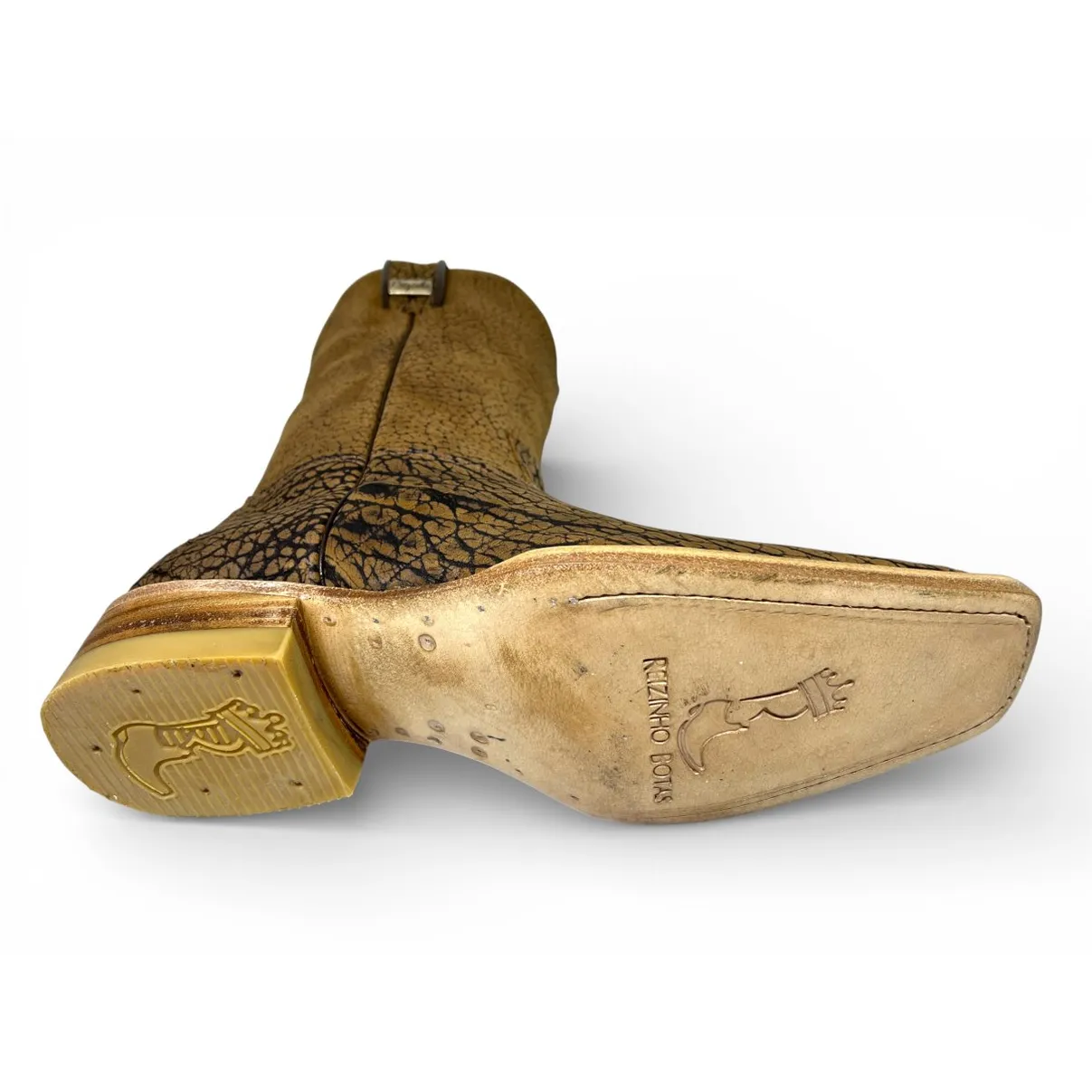 Bota Texana Reizinho Premium Inteira de Couro Legítimo de Bisão Black Cognac - Cano Médio, Bico Quadrado Médio - Solado