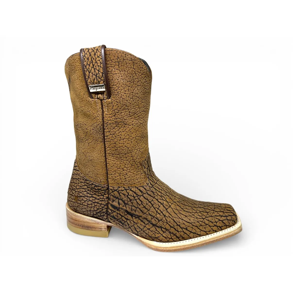 Bota Texana Reizinho Premium Inteira de Couro Legítimo de Bisão Black Cognac - Cano Médio, Bico Quadrado Médio - Solado
