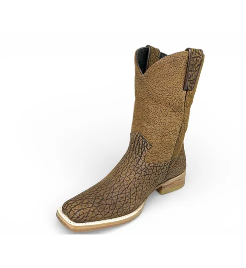 Bota Texana Reizinho Premium Inteira de Couro Legítimo de Bisão Black Cognac - Cano Médio, Bico Quadrado Médio - Solado de Couro Artesanal