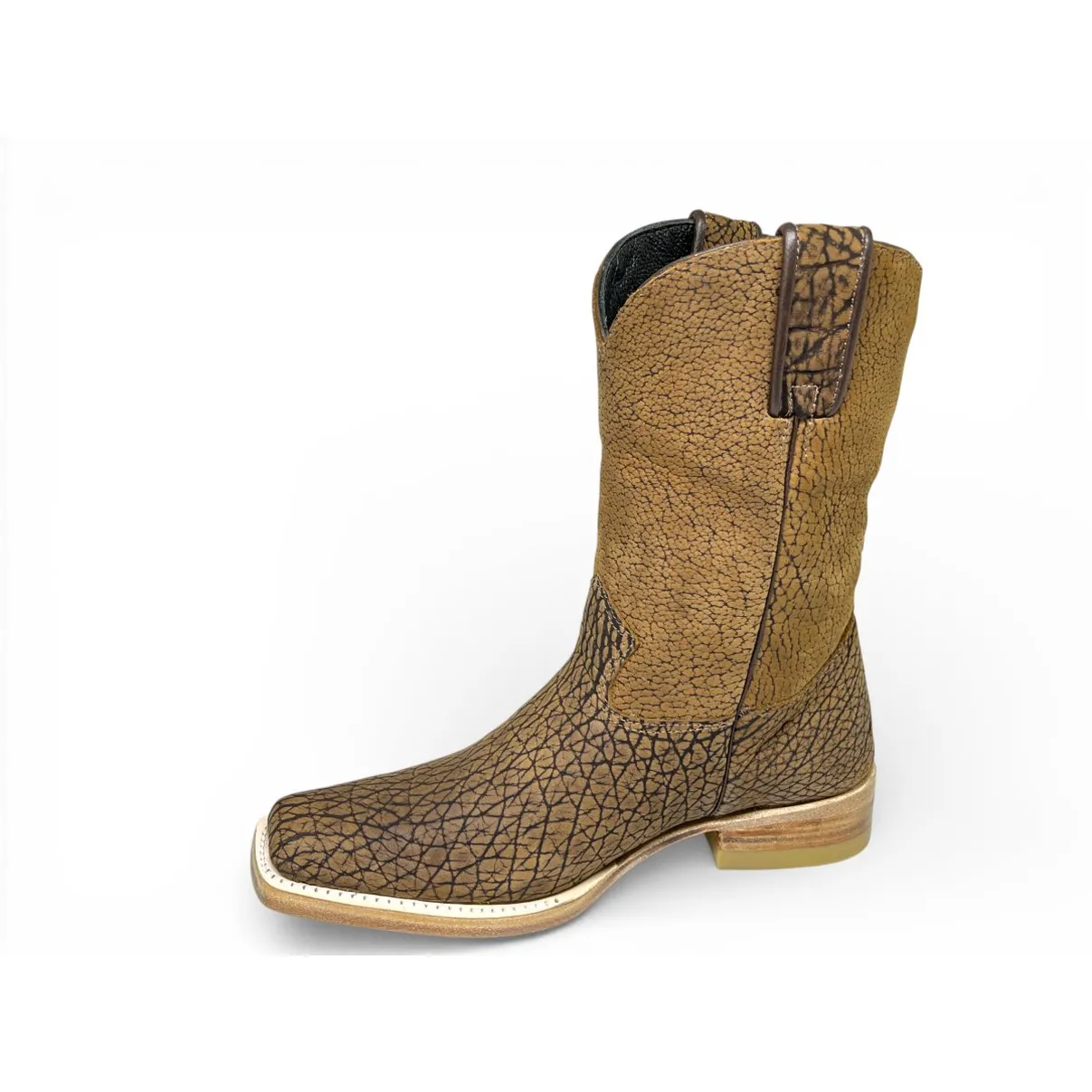 Bota Texana Reizinho Premium Inteira de Couro Legítimo de Bisão Black Cognac - Cano Médio, Bico Quadrado Médio - Solado