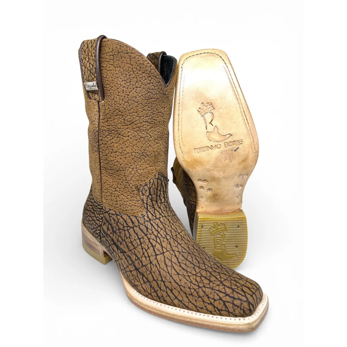 Bota Texana Reizinho Premium Inteira de Couro Legítimo de Bisão Black Cognac - Cano Médio, Bico Quadrado Médio - Solado