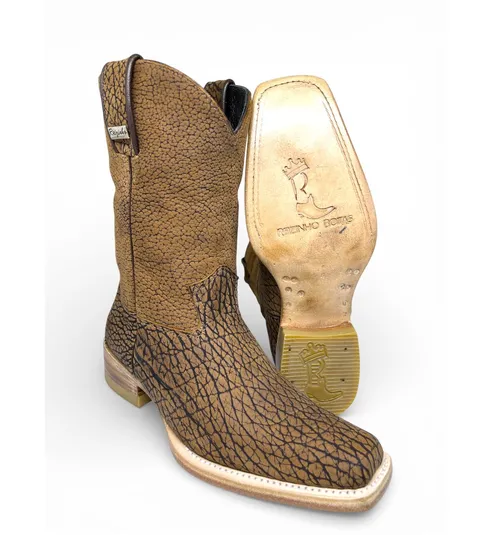 Bota Texana Reizinho Premium Inteira de Couro Legítimo de Bisão Black Cognac - Cano Médio, Bico Quadrado Médio - Solado de Couro Artesanal