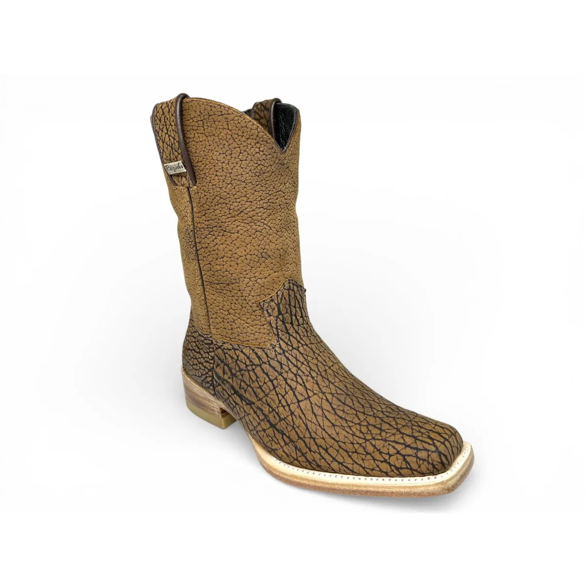Bota Texana Reizinho Premium Inteira de Couro Legítimo de Bisão Black Cognac - Cano Médio, Bico Quadrado Médio - Solado