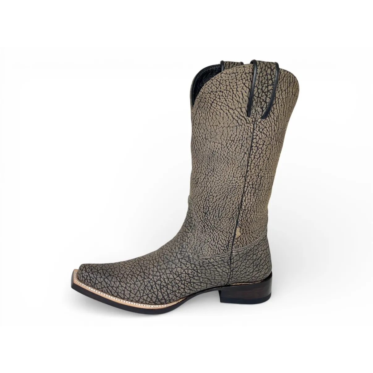 Bota Texana Reizinho Premium Inteira de Couro Legítimo de Bisão Cinza Stone - Cano Alto, Bico Fino Quadradinho - Solado de Couro Artesanal