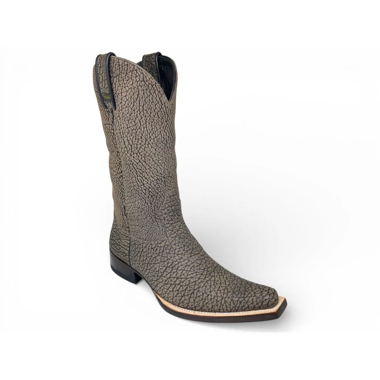 Bota Texana Reizinho Premium Inteira de Couro Legítimo de Bisão Cinza Stone - Cano Alto, Bico Fino Quadradinho - Solado de Couro Artesanal