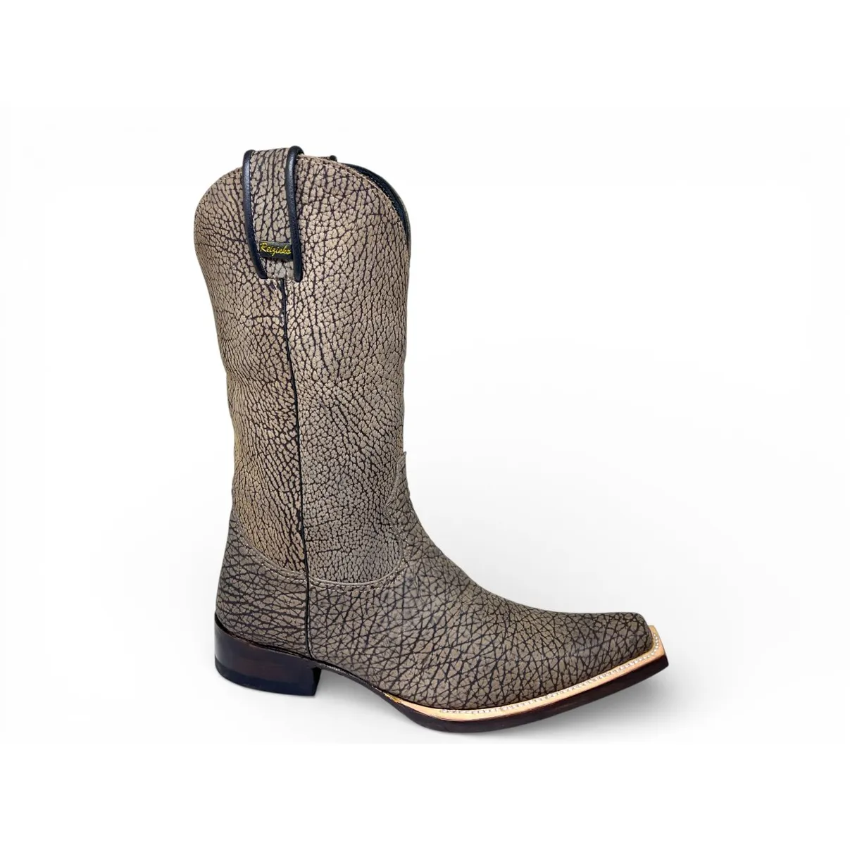 Bota Texana Reizinho Premium Inteira de Couro Legítimo de Bisão Cinza Stone - Cano Alto, Bico Fino Quadradinho - Solado de Couro Artesanal