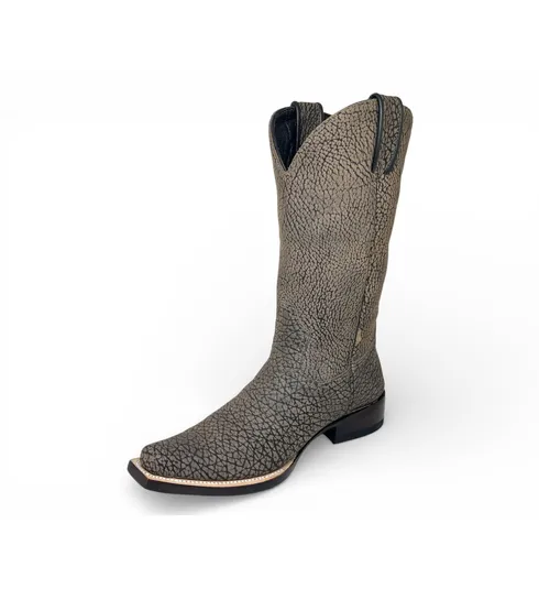 Bota Texana Reizinho Premium Inteira de Couro Legítimo de Bisão Cinza Stone - Cano Alto, Bico Fino Quadradinho - Solado de Couro Artesanal
