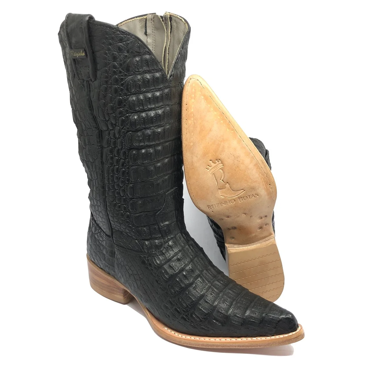 Bota Reizinho Premium Couro De Jacaré Preto LImited Edition - Cano Alto, Bico Fino  Arredondado, Solado De Couro Artesan