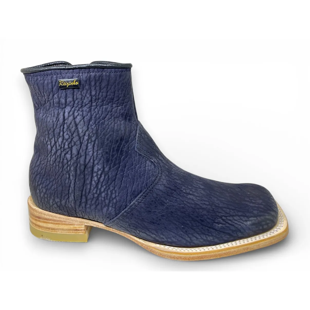 Bota Texana Reizinho Premium de Couro Legítimo de Lobo Marinho Preto Fosco - Cano Curto Zíper, Bico Quadrado - Solado de Couro Artesanal Injetado | Reizinho Botas