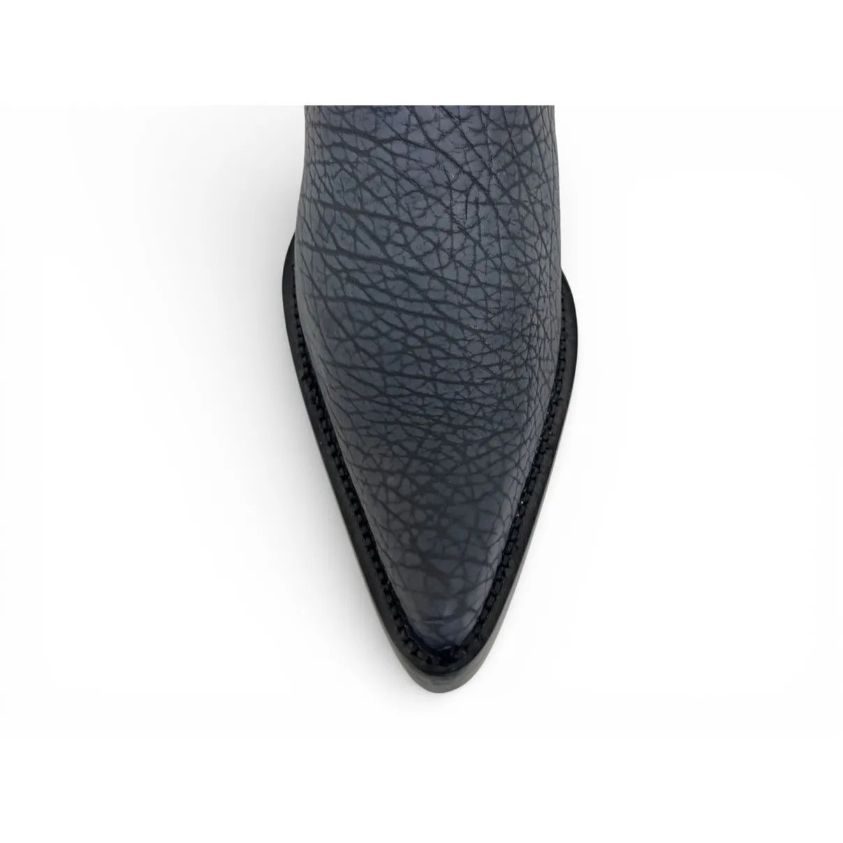 Bota Texana Reizinho Premium Inteira de Couro Legítimo de Bisão Navy Blue - Cano Alto, Bico Fino Arredondado - Solado de Couro Artesanal