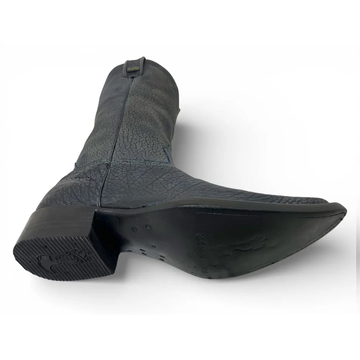 Bota Texana Reizinho Premium Inteira de Couro Legítimo de Bisão Navy Blue - Cano Alto, Bico Fino Arredondado - Solado de Couro Artesanal