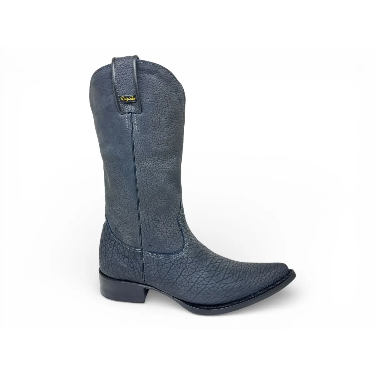 Bota Texana Reizinho Premium Inteira de Couro Legítimo de Bisão Navy Blue - Cano Alto, Bico Fino Arredondado - Solado de Couro Artesanal