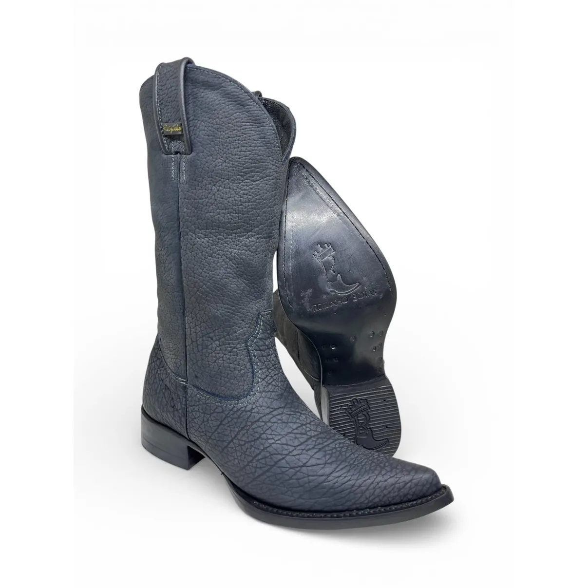 Bota Texana Reizinho Premium Inteira de Couro Legítimo de Bisão Navy Blue - Cano Alto, Bico Fino Arredondado - Solado de Couro Artesanal