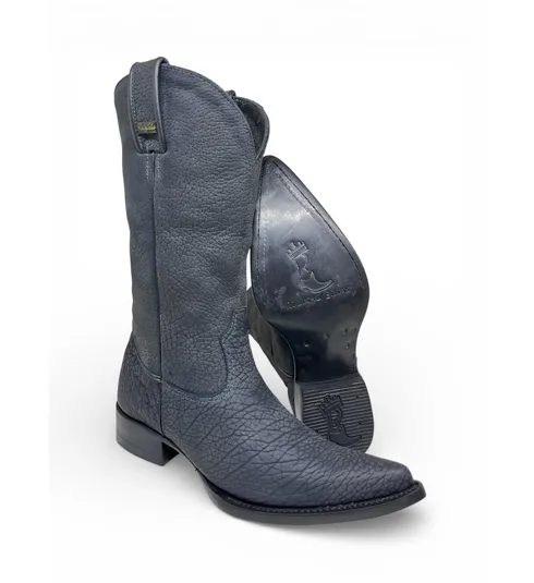 Bota Texana Reizinho Premium Inteira de Couro Legítimo de Bisão Navy Blue - Cano Alto, Bico Fino Arredondado - Solado de Couro Artesanal