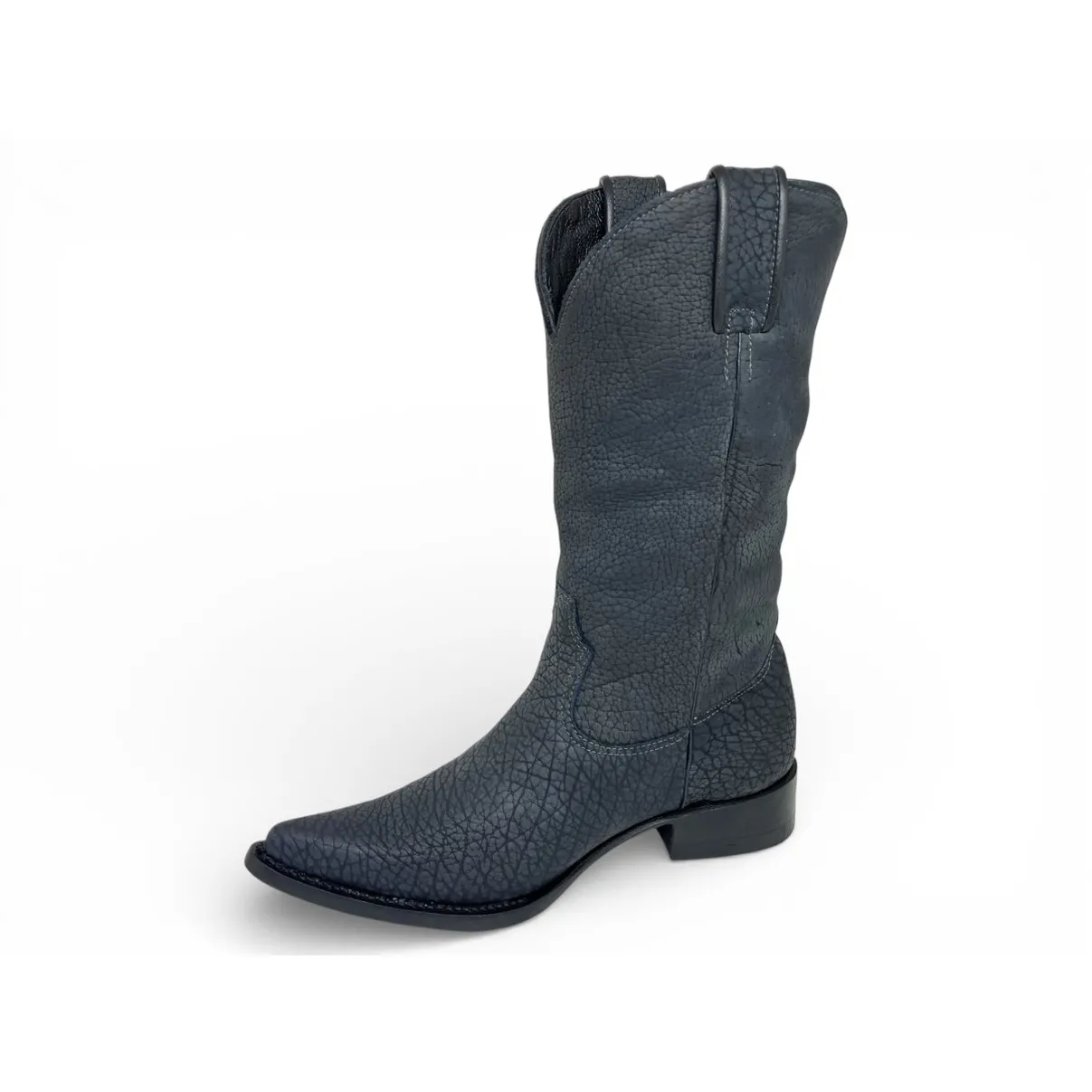 Bota Texana Reizinho Premium Inteira de Couro Legítimo de Bisão Navy Blue - Cano Alto, Bico Fino Arredondado - Solado de Couro Artesanal