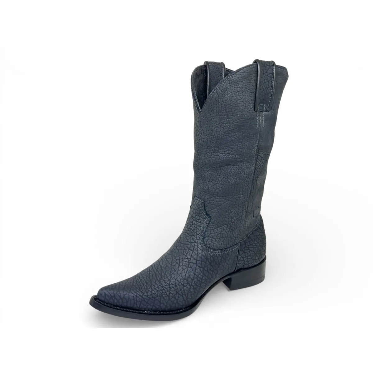Bota Texana Reizinho Premium Inteira de Couro Legítimo de Bisão Navy Blue - Cano Alto, Bico Fino Arredondado - Solado de Couro Artesanal