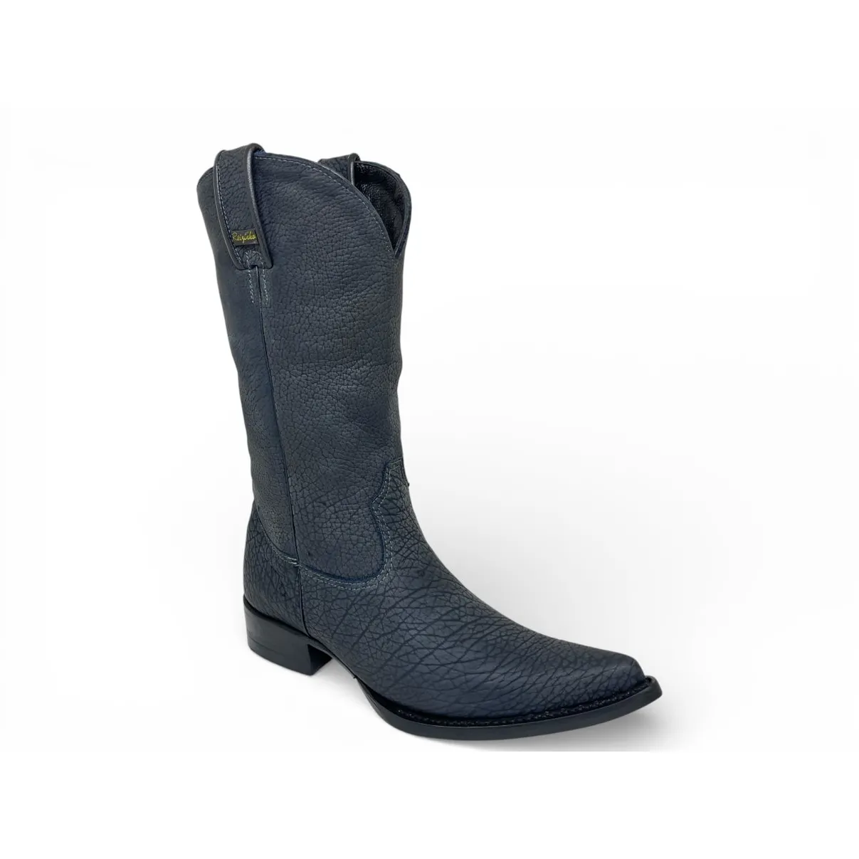 Bota Texana Reizinho Premium Inteira de Couro Legítimo de Bisão Navy Blue - Cano Alto, Bico Fino Arredondado - Solado de Couro Artesanal
