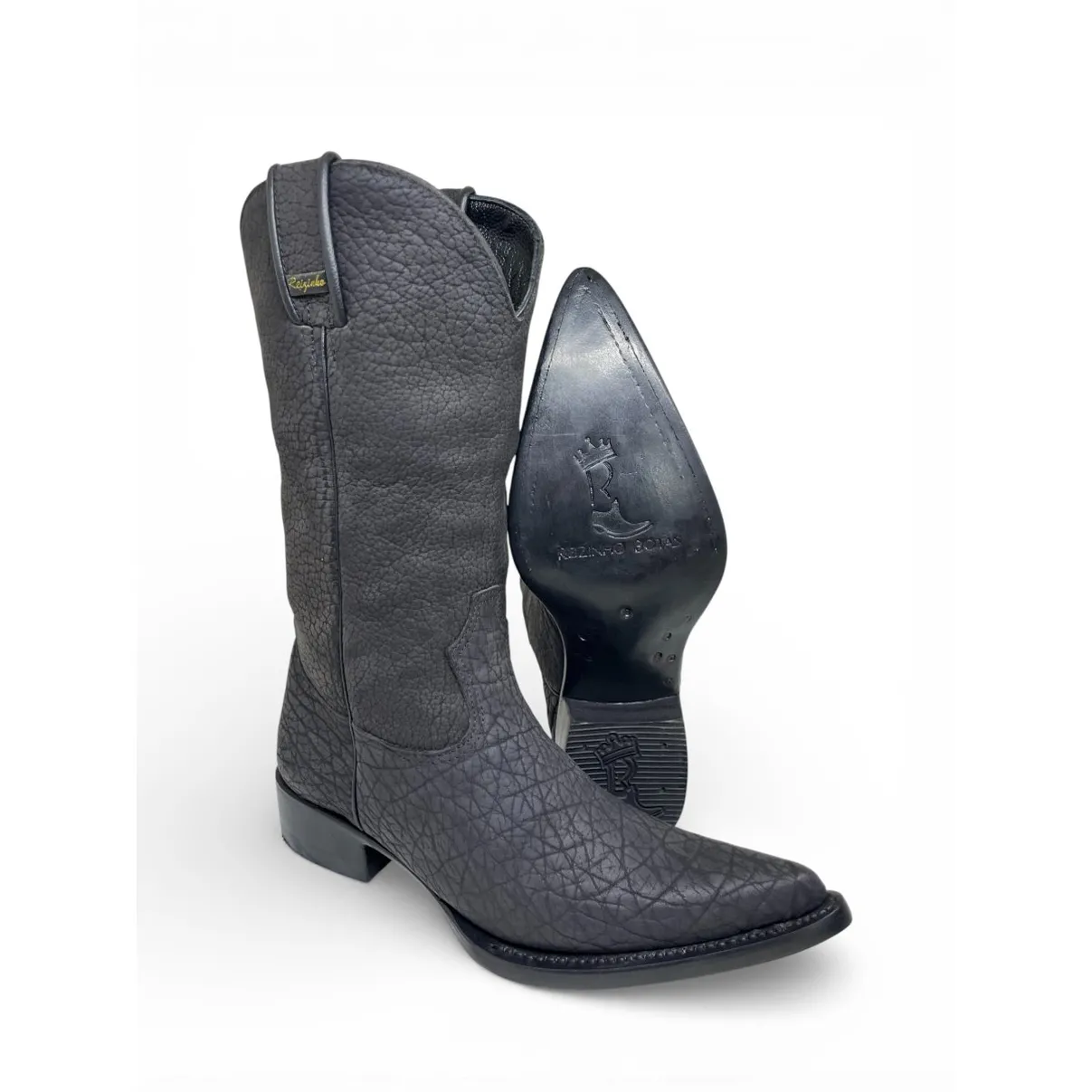 Bota Texana Reizinho Premium Inteira de Couro Legítimo de Bisão Preto - Cano Alto, Bico Fino Arredondado - Solado de Couro Artesanal