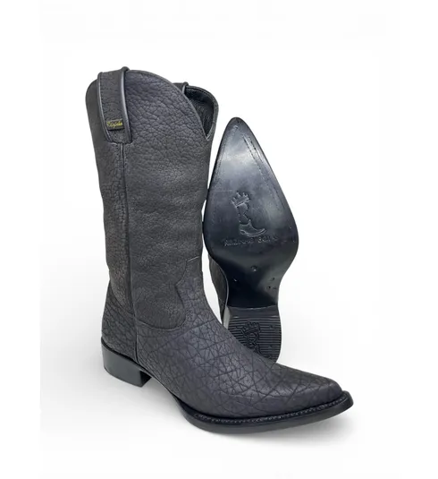 Bota Texana Reizinho Premium Inteira de Couro Legítimo de Bisão Preto - Cano Alto, Bico Fino Arredondado - Solado de Couro Artesanal | Reizinho Botas