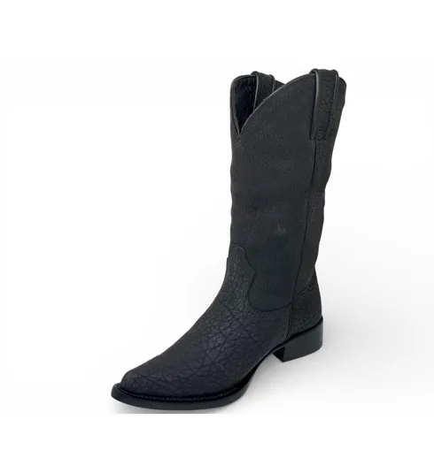 Bota Texana Reizinho Premium Inteira de Couro Legítimo de Bisão Preto - Cano Alto, Bico Fino Arredondado - Solado de Couro Artesanal | Reizinho Botas