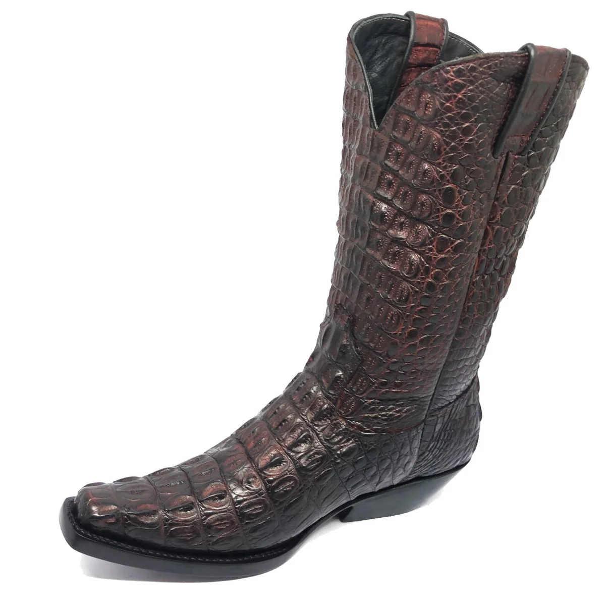 Bota Reizinho Premium Couro Jacaré Vinho Limited Edition - Cano Alto, Bico Fino Quadradinho, Solado Couro Artesanal